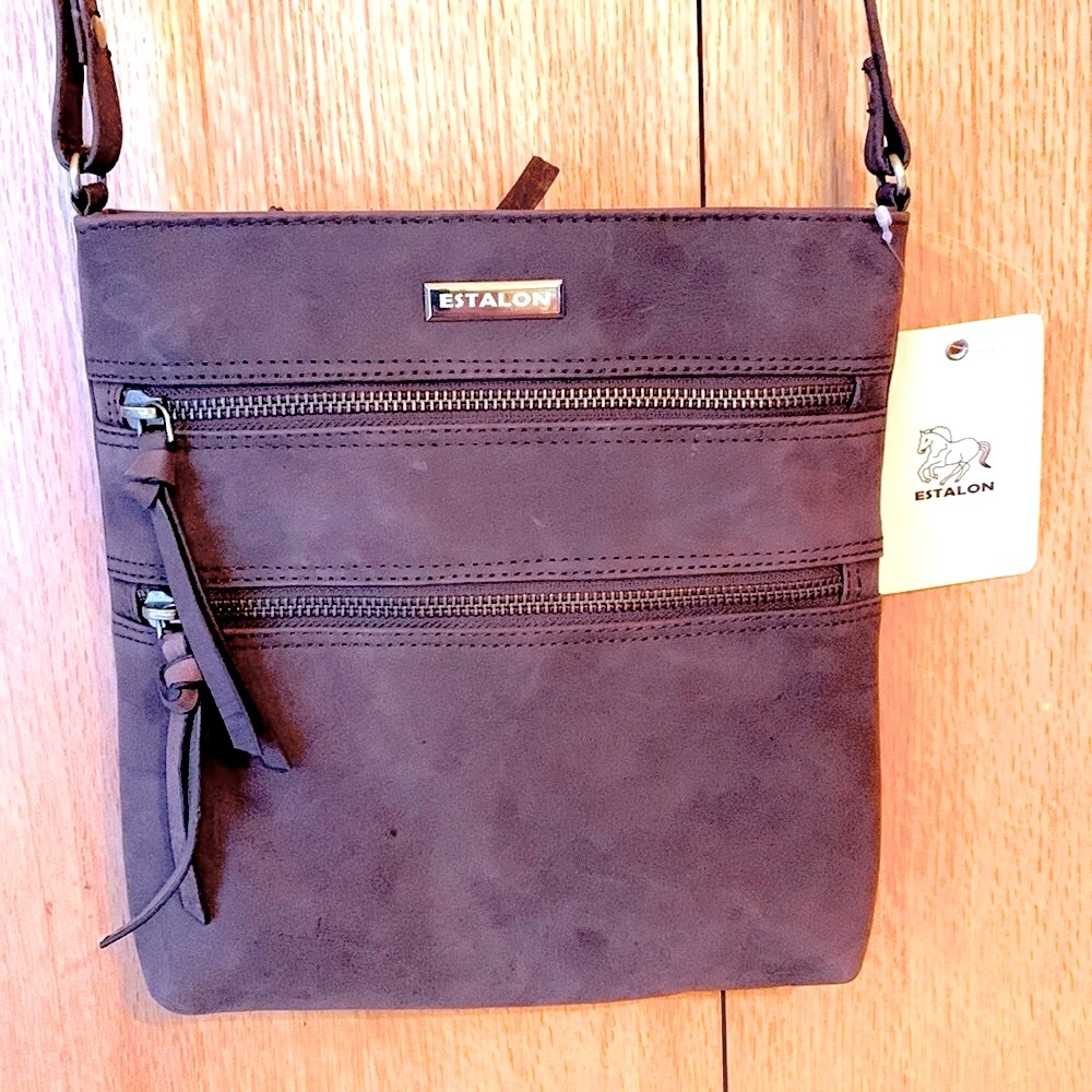 New NWT Estalon soft leather slim crossbody bag zipper top purse coffee brown